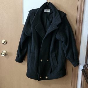 Heavy 100% charcoal color wool coat, brass buttons at hips, Size 9/10